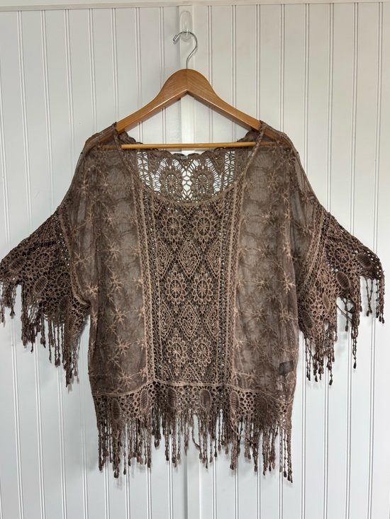 Unbranded Tops - Boho Brown Crochet Lace Fringe Pullover Top Linen Blend Sheer Blouse Approx L/XL